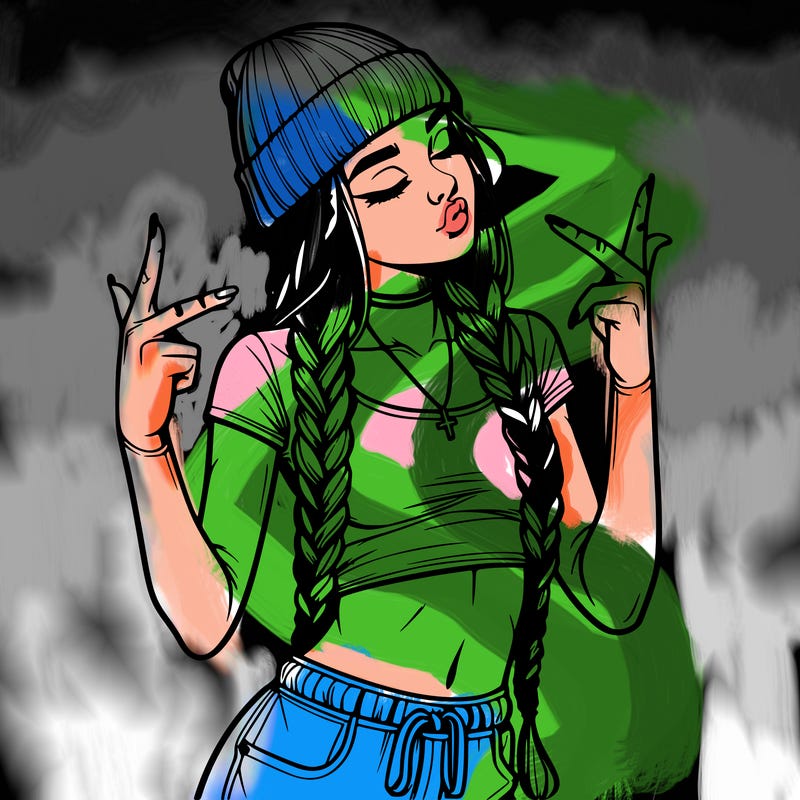 realistic teenage girl with braids and a beanie and crop top doing 🫶🏼