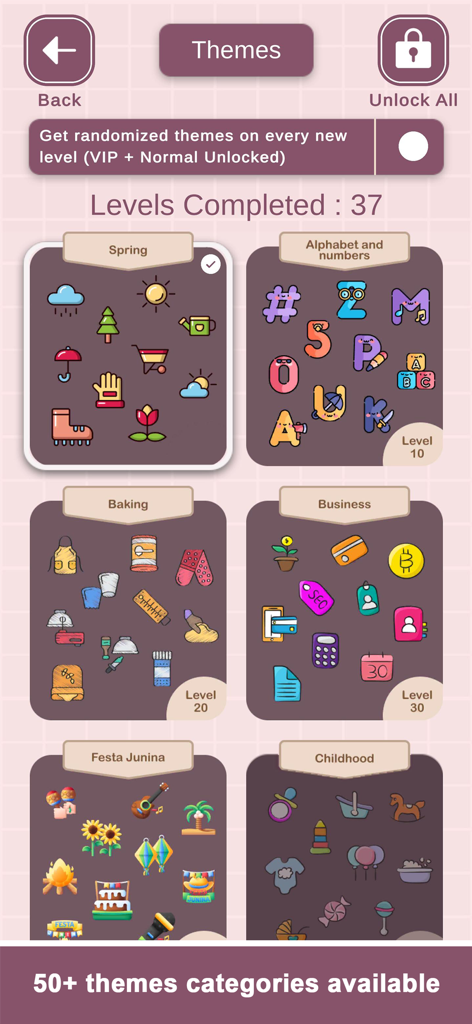 A screen from Flip The Tile showing various game theme categories like Spring Alphabet Baking and Business