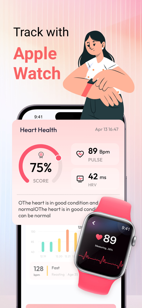 Heart health monitoring dashboard showing Apple Watch integration and heart rate data