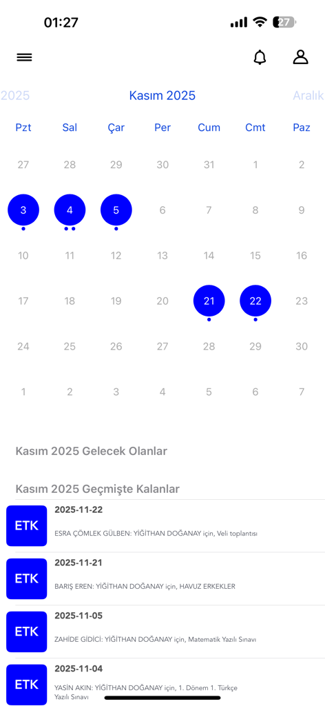 Veli Iletisim Ucgeni App Kalenderansicht mit Schülerveranstaltungen und Prüfungen