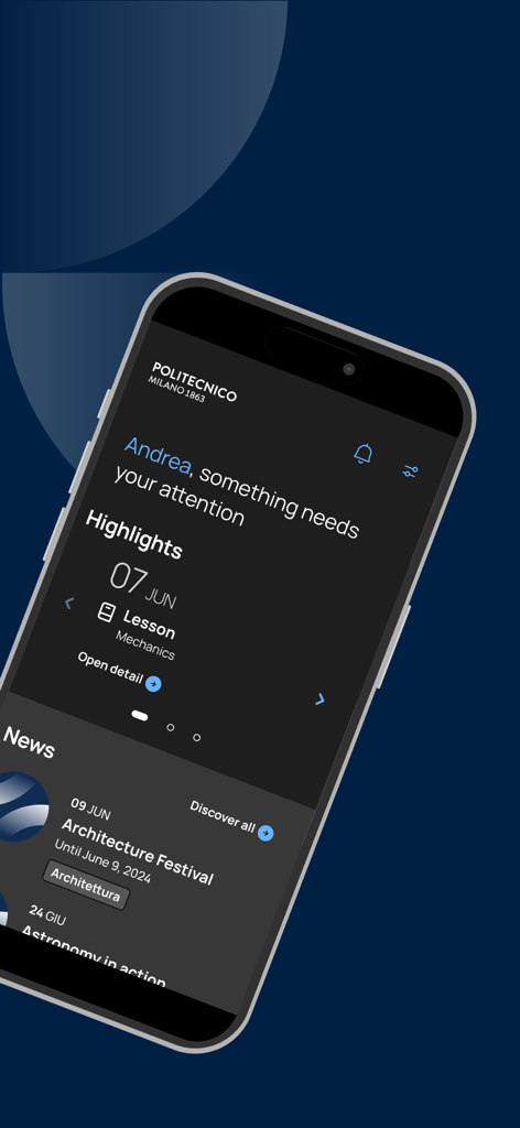 Polimi App - Polimi App interface showing student personalized highlights with a lesson schedule and university news