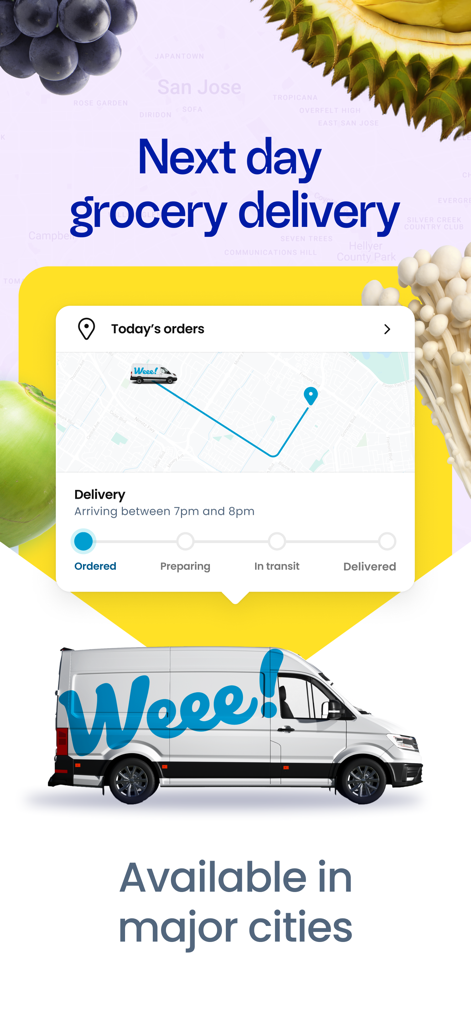 Weee! #1 Asian Grocery App - Interfaccia dell'app Weee che mostra il tracciamento degli ordini in tempo reale e lo stato della consegna della spesa il giorno successivo