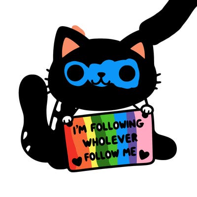 cat with a sign that says i’m following whoever follows me