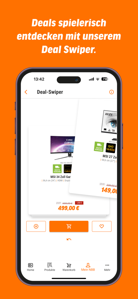 El deslizador de ofertas de la aplicación Notebooksbilliger que muestra monitores con descuento con una interfaz de tarjeta deslizable