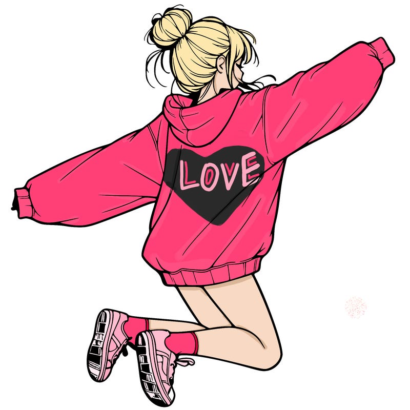 realistic girl jumping with a bun and oversized sweatshirt