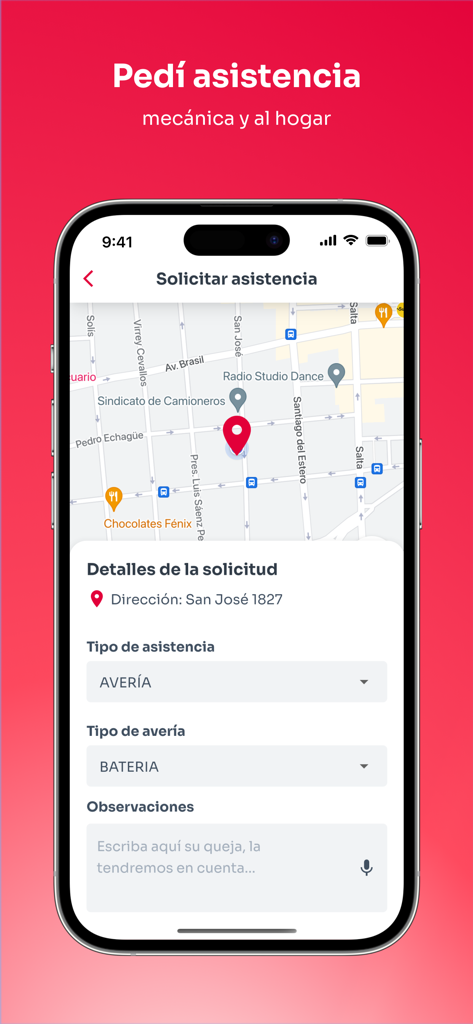 La Segunda Seguros - Interfaz de la aplicación móvil La Segunda Seguros para solicitar asistencia mecánica con un mapa y formulario
