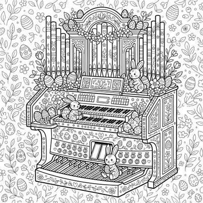 Immerse yourself in a festive scene combining the grandeur of an electronic organ with the cheerful spirit of Easter. This delightful coloring page features playful bunnies, intricately decorated eggs, and charming spring blossoms.