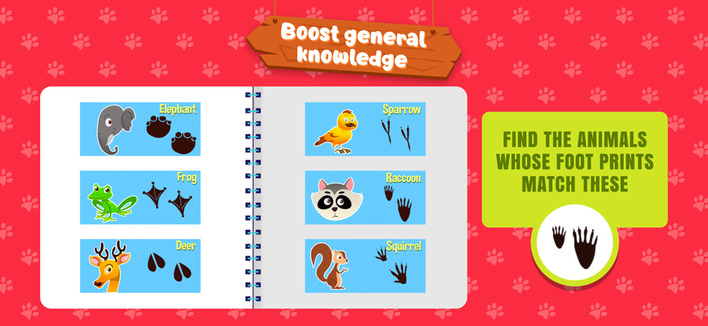 Interactive preschool puzzle where kids match animal footprints to boost general knowledge