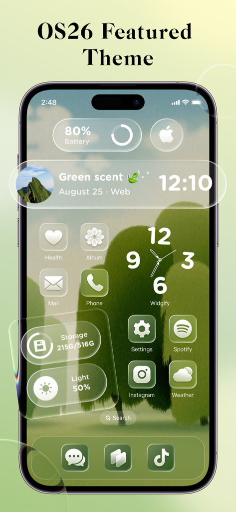 Widgify:Widget&Wallpapers - Tema de pantalla de inicio estético verde OS26 de la aplicación Widgify con widgets e iconos personalizados