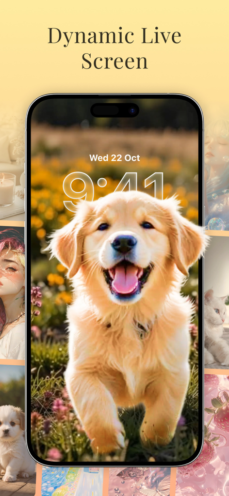 iPhone lock screen featuring a happy golden retriever puppy live wallpaper