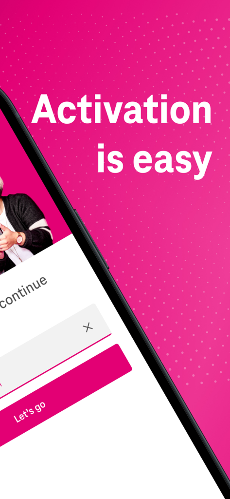T-Mobile Prepaid eSIM - 「開通は簡単」というテキストと、マゼンタ色の背景に「Let is go」ボタンが表示されたT-MobileプリペイドeSIMアプリ画面。