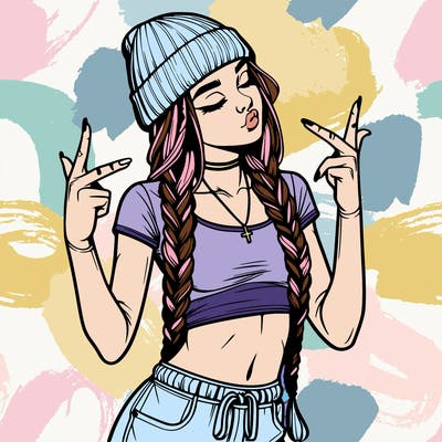 realistic teenage girl with braids and a beanie and crop top doing 🫶🏼