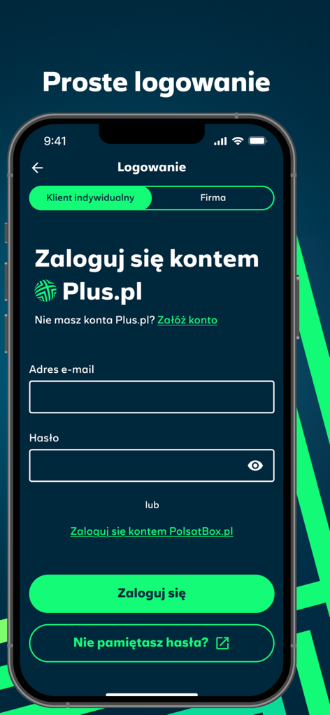Login screen of the iPlus mobile app featuring email and password input fields for Polish Plus users.