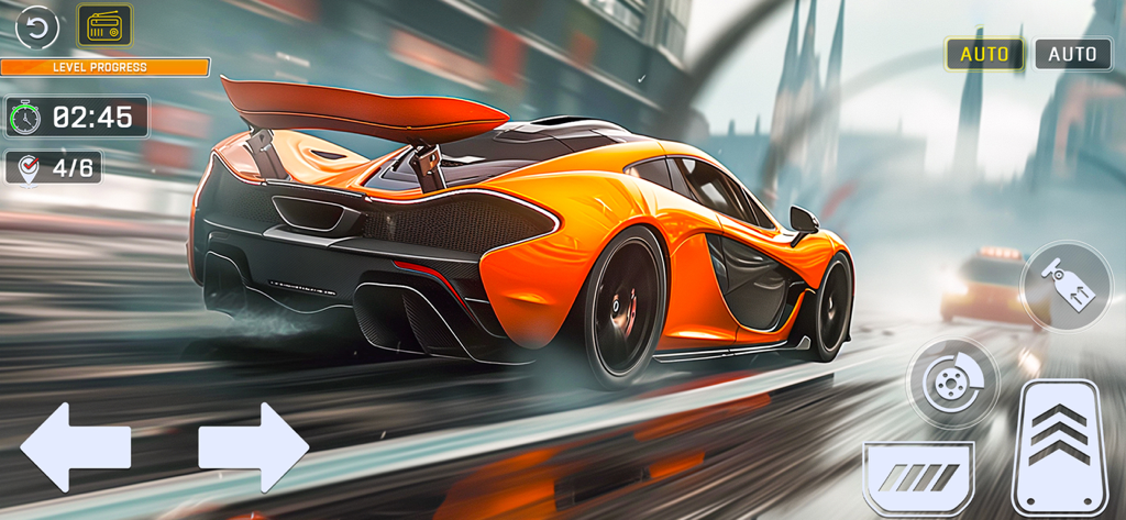 Fast Car Racing Car Games 3d - Un coche deportivo naranja compitiendo por una calle de ciudad en un juego de simulación de conducción 3D