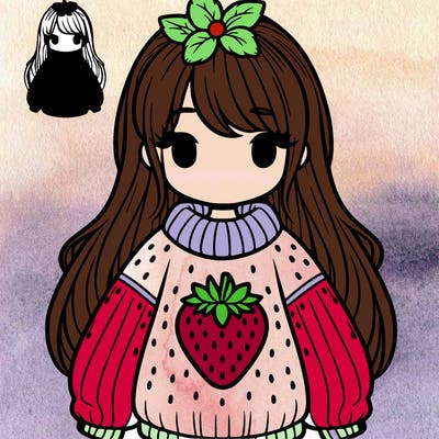 girl with long hair with a oversized strawberry aesthetic sweater