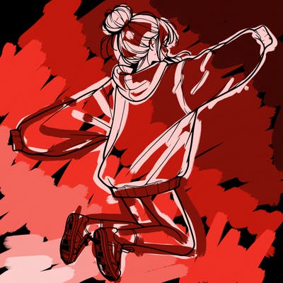 realistic girl jumping with a bun and oversized sweatshirt