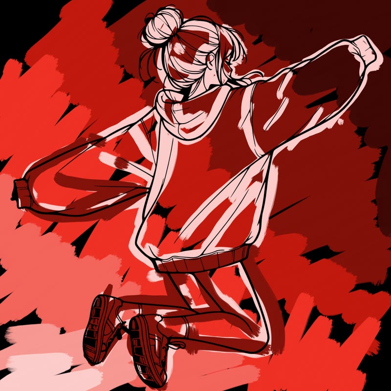 realistic girl jumping with a bun and oversized sweatshirt