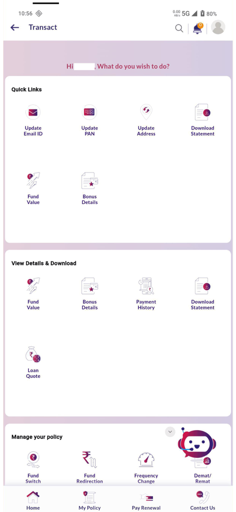 SBI Life Smart Care - SBI Life Smart Care app transact interface showing policy management and self-service options