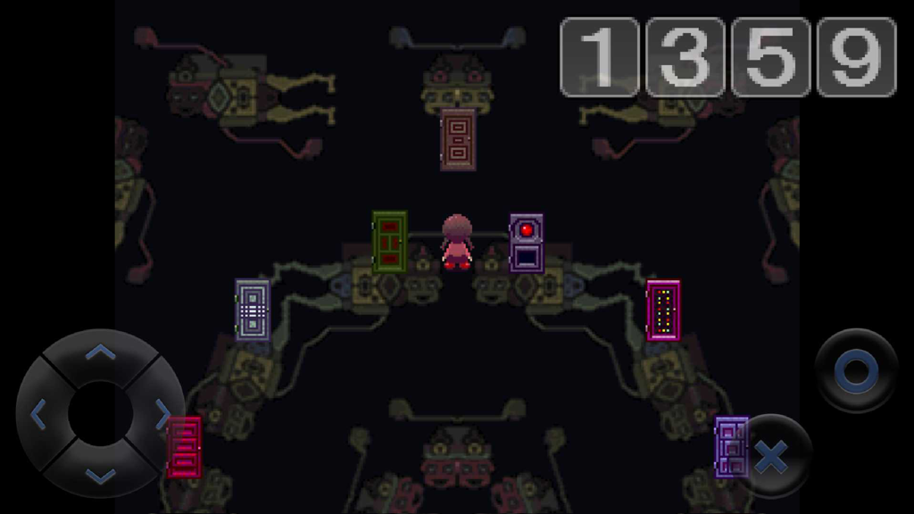 Yume Nikki - Pixel art character Madotsuki in the Nexus hub world choosing between colorful dream doors.