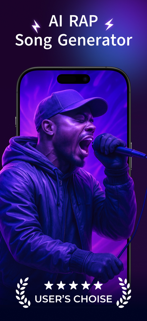 AI RAP - song generator - Uma tela de celular mostrando o aplicativo AI RAP Song Generator com um homem rimando e um selo de prêmio User Choice