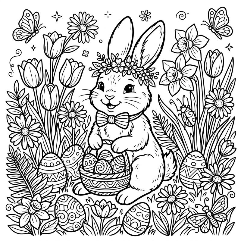 Celebrate the joy of spring and Easter with this charming coloring page featuring a festive Easter Bunny in a beautiful garden. Adorned with a flower crown and surrounded by eggs and blooms, it's perfect for all ages to bring to life with color.