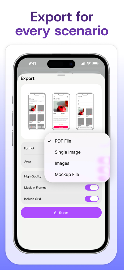 Interface of the Mockup app showing a menu with export options like PDF file and images on an iPhone screen