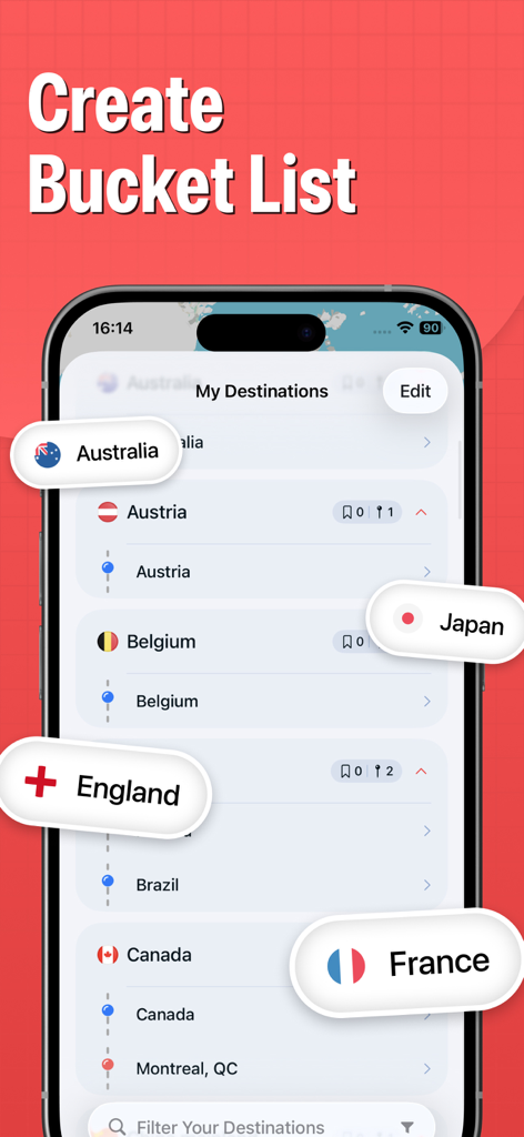 オーストラリア、イングランド、フランスなどの場所のフラグを含むバケットリストを表示する旅行アプリ画面。