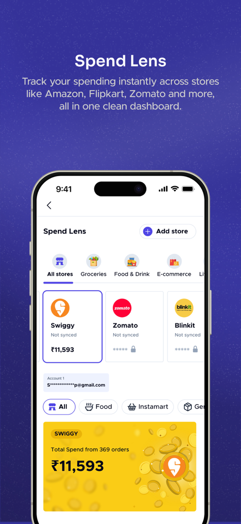 Buyhatke:AI Shopping assistant - Das Spend Lens-Dashboard in der Buyhatke-App, das zusammengefasste Ausgaben über mehrere Einkaufs- und Essensliefergeschäfte hinweg anzeigt