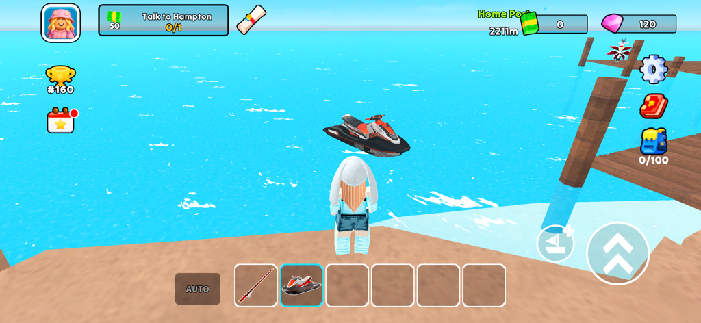 Fish It 낚시 게임에서 제트 스키를 바라보는 아바타