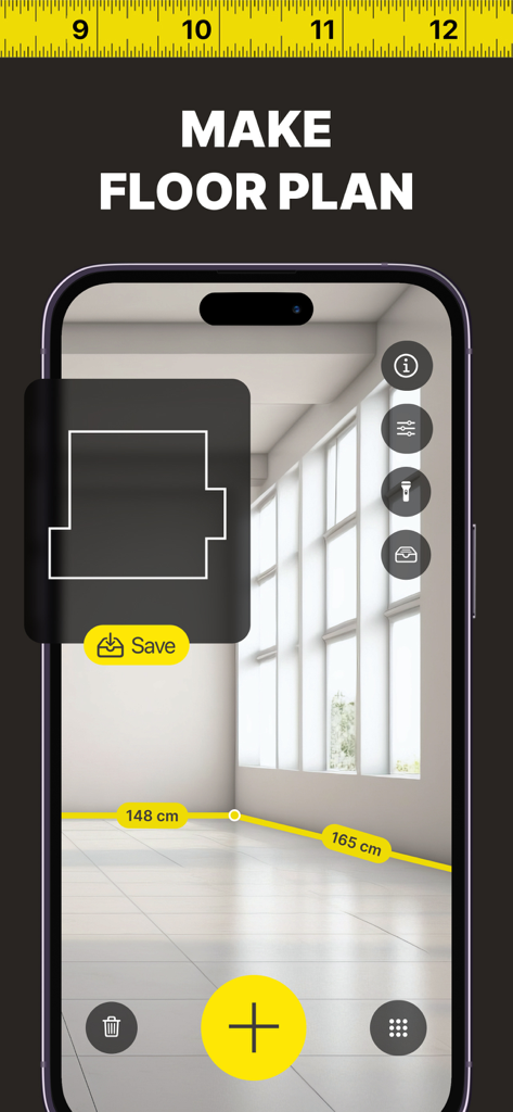 Tape Measure+ AR Digital Ruler - Smartphone screen showing the AR floor plan creation feature of the Tape Measure plus app