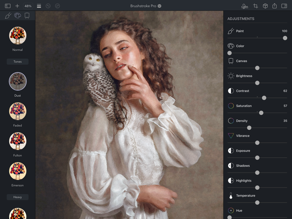 Brushstroke Pro for iPad - An iPad interface of Brushstroke Pro showing professional editing adjustments for an artistic oil painting portrait