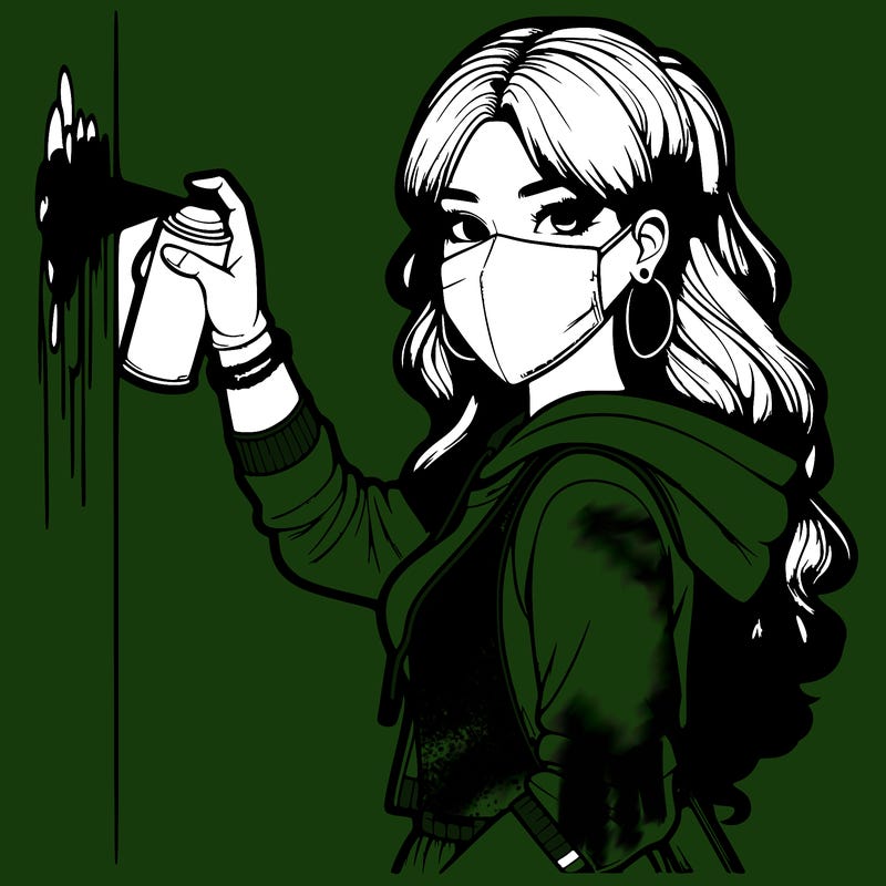 realistic girl with mask spray painting a wall