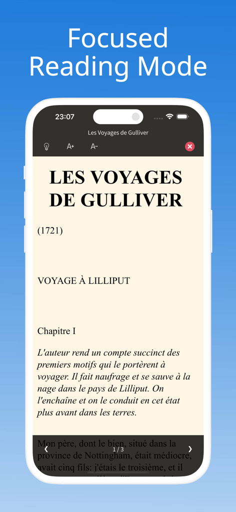 Smartphone displaying the focused reading mode of the French Reading and Audio Books app featuring classic literature