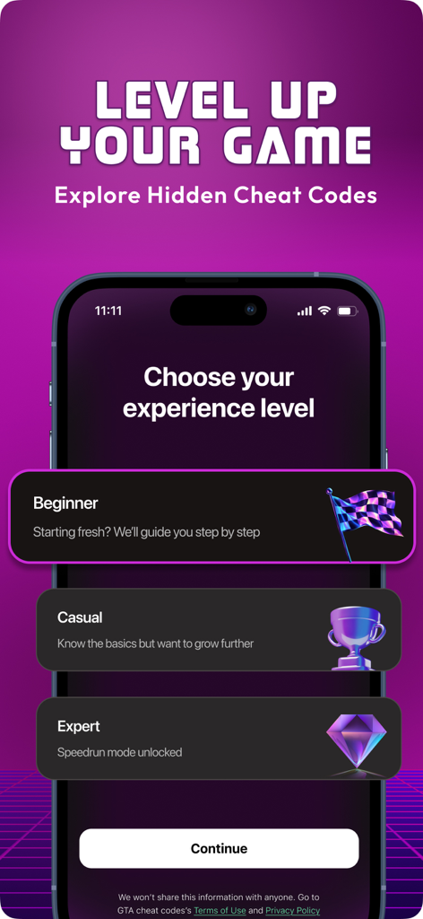 Cheats Codes for GTA Vice City - Experience level selection screen for GTA Vice City cheat codes app with beginner casual and expert options