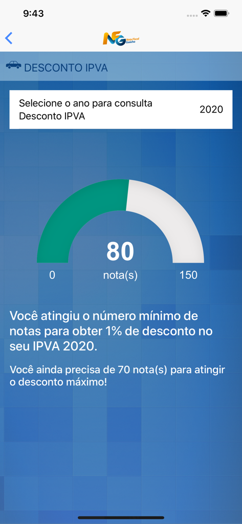 Nota Fiscal Gaúcha - Oficial - IPVA tax discount progress gauge in the Nota Fiscal Gaucha app