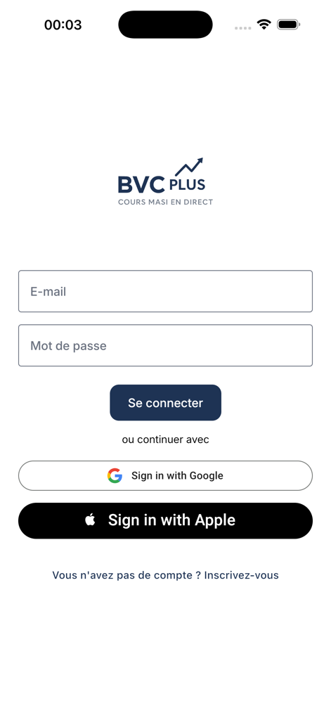 BVCPlus - Pantalla de inicio de sesión de BVCPlus para rastrear el índice MASI marroquí con opciones de inicio de sesión por correo electrónico y redes sociales