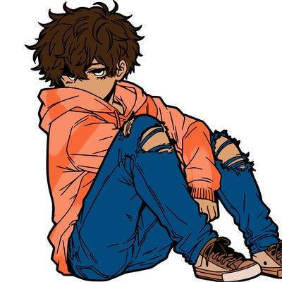 a male hoddie ripped jeans messy hair anime