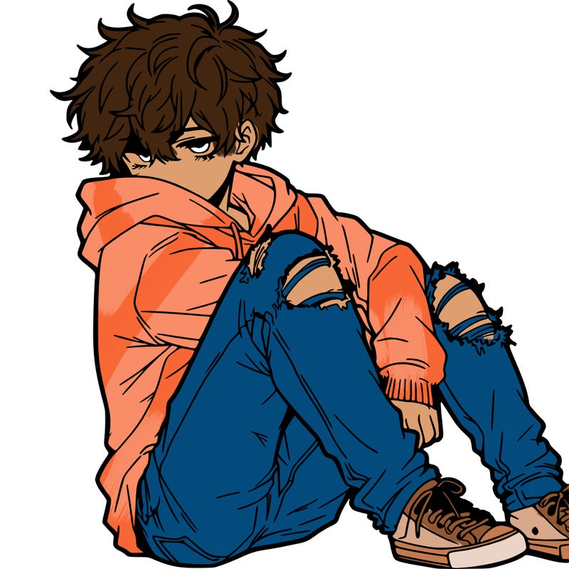 a male hoddie ripped jeans messy hair anime