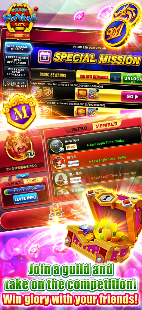 Sistema de gremios de GoldenHoYeah Slots que muestra miembros y recompensas por el juego social.