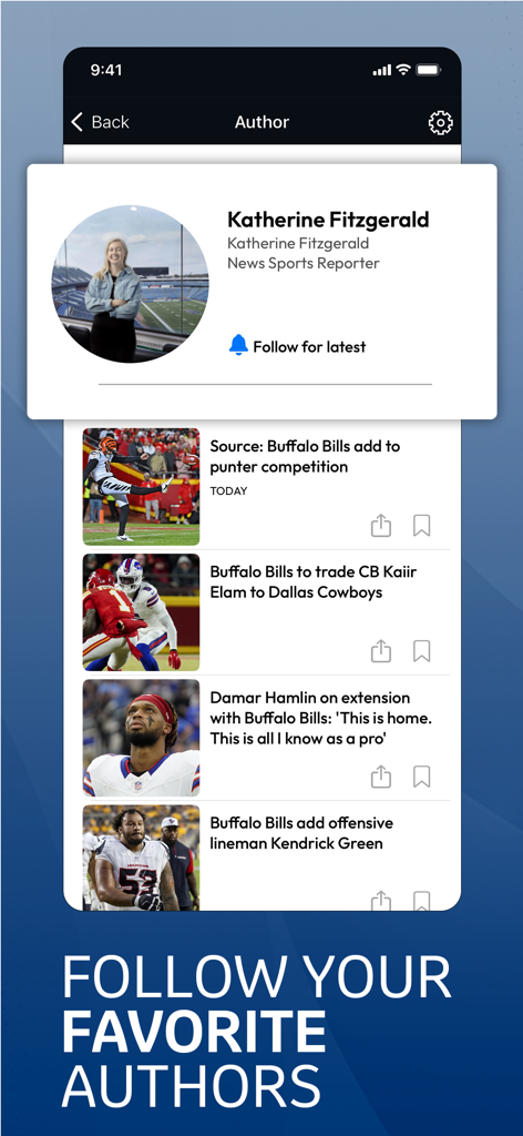 The Buffalo News App - The Buffalo News App screen showing an author profile for a sports reporter with a feed of Buffalo Bills news articles and a follow button