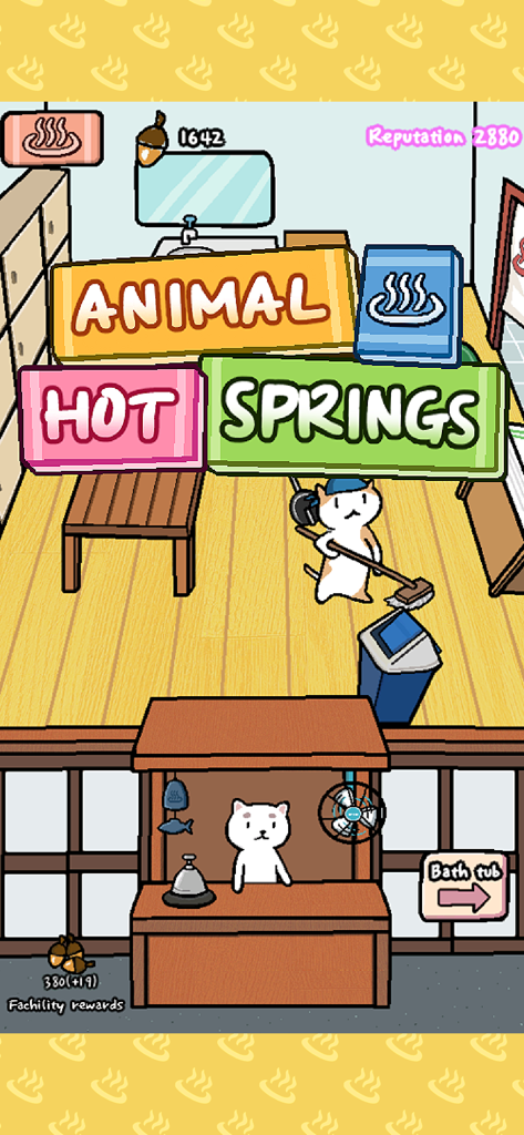 Animal Hot Springs main lobby featuring cute cats working at a spa reception