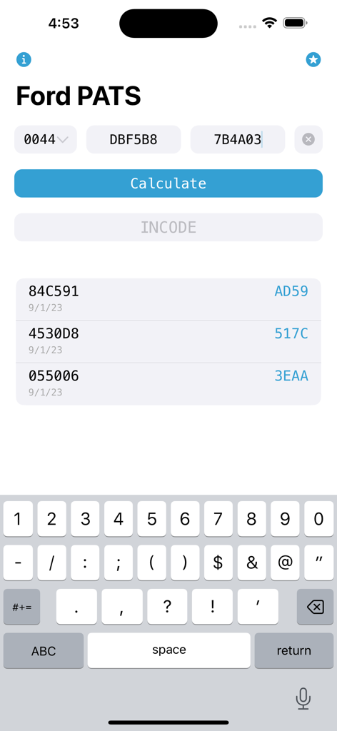Ford PATS Incode Calculator app main screen showing outcode input fields and historical code results.
