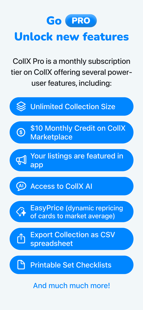 A detailed list of premium features included in the CollX Pro subscription such as unlimited collection size and access to CollX AI.