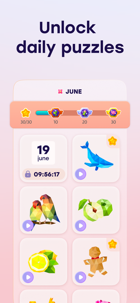 Star Art: Drawing & Relaxing - Interface of Star Art app showing daily puzzle progress and origami style art collection