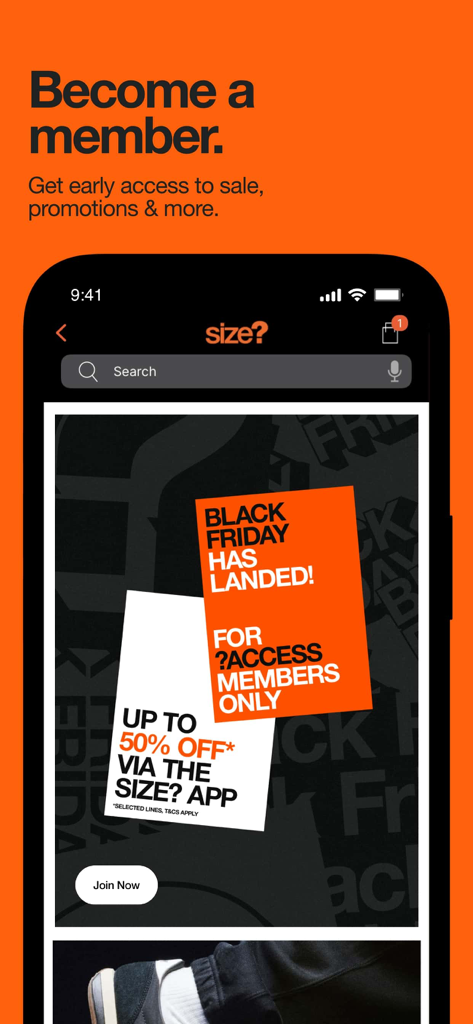 size? - Black Friday早期アクセスとプロモーションを特徴とするsize?アプリのメンバーシップ画面