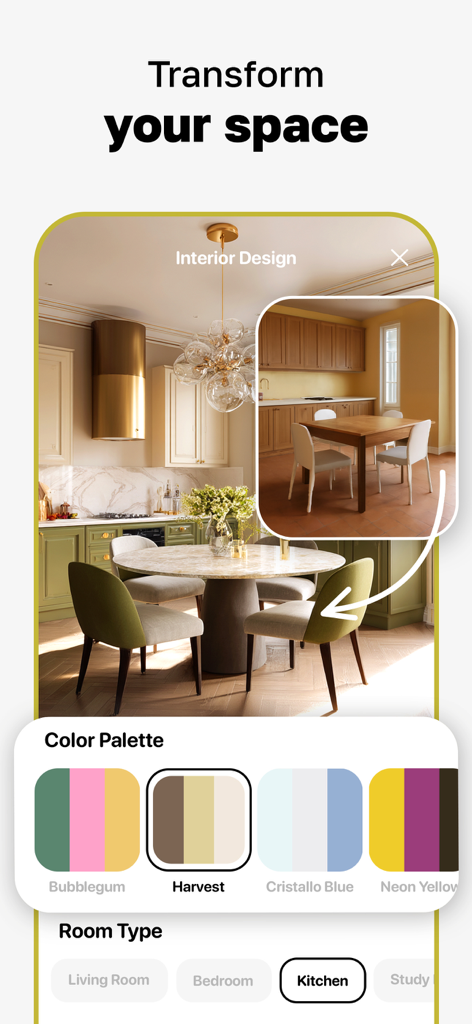 AI Home Design: DecoLab - A mobile app interface showcasing a kitchen redesign from a simple dining area to a modern kitchen using AI with a color palette selector.