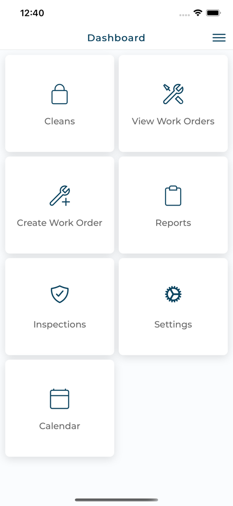 Property Care X - Dashboard of the Property Care X app showing tiles for cleans work orders reports inspections settings and calendar