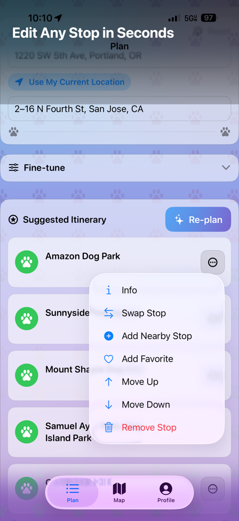 PetStop: Dog Road Trip Planner - Interface for editing a dog-friendly road trip itinerary with stop management options