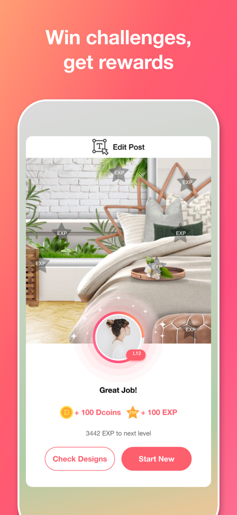 Pantalla de la aplicación Decor Matters que muestra 100 Dcoins y 100 puntos EXP ganados por ganar un desafío de diseño de hogar