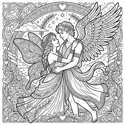 Unravel the timeless tale of Cupid and Psyche with this beautifully intricate coloring template designed for adults. Immerse yourself in a world of mythological romance, perfect for a mindful coloring experience.